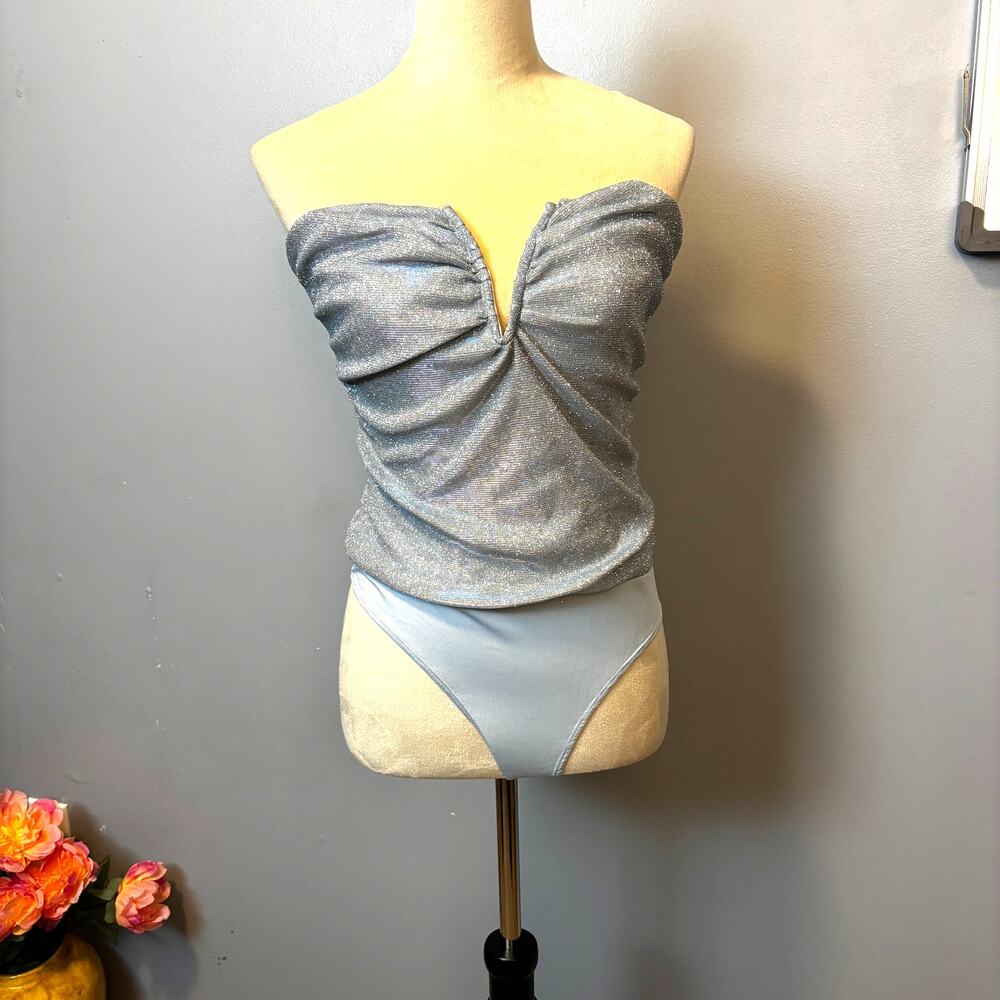 New FashionNova Baddie Blue Metallic Sparkle Ruched Bodysuit Strapless Large